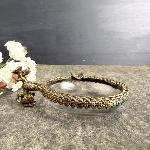 French poodle brass-rimmed glass ashtray - mid century novelty dish