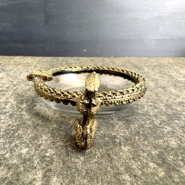 French poodle brass-rimmed glass ashtray - mid century novelty dish