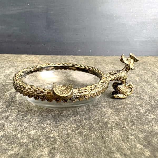 French poodle brass-rimmed glass ashtray - mid century novelty dish
