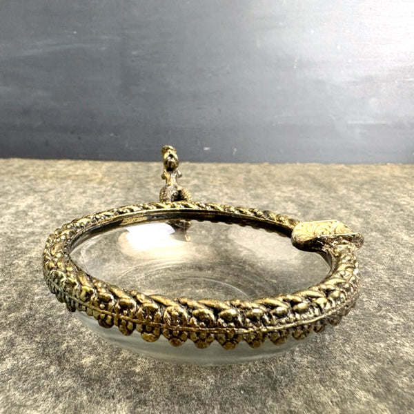 French poodle brass-rimmed glass ashtray - mid century novelty dish