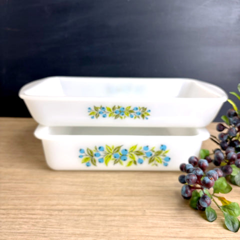 Vintage 1960s Glasbake milk glass blueberry casserole dishes J2024 & J2428 set