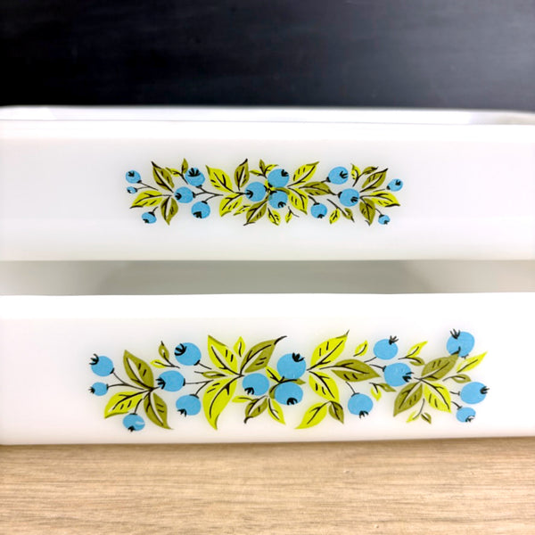 Vintage 1960s Glasbake milk glass blueberry casserole dishes J2024 & J2428 set