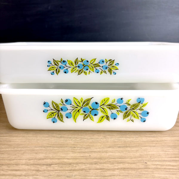 Vintage 1960s Glasbake milk glass blueberry casserole dishes J2024 & J2428 set