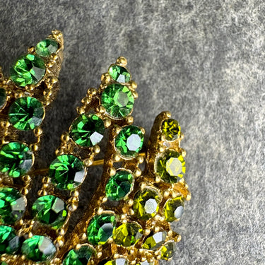 Rhinestone leaf brooch - goldtone with emerald and olivine rhinestones - NextStage Vintage