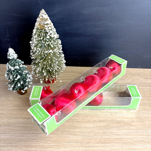 Holiday House red satin ball ornaments - 9 vintage ornaments in original boxes