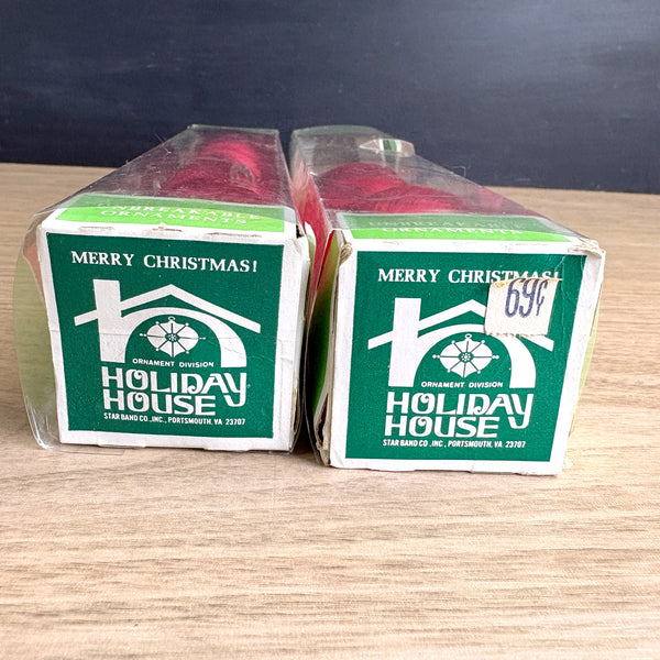 Holiday House red satin ball ornaments - 9 vintage ornaments in original boxes
