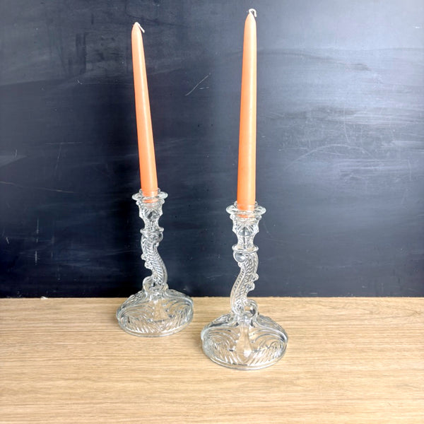 Indiana Glass Depression Glass Candlesticks – Swirl & Fan #303 Pattern, Clear 8.5" - NextStage Vintage