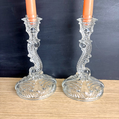 Indiana Glass Depression Glass Candlesticks – Swirl & Fan #303 Pattern, Clear 8.5" - NextStage Vintage