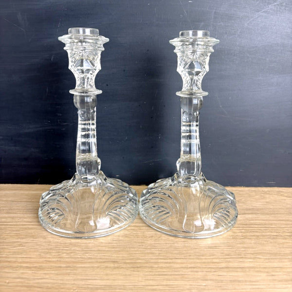 Indiana Glass Depression Glass Candlesticks – Swirl & Fan #303 Pattern, Clear 8.5" - NextStage Vintage