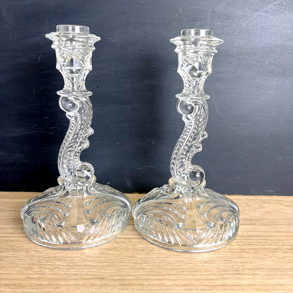 Indiana Glass Depression Glass Candlesticks – Swirl & Fan #303 Pattern, Clear 8.5" - NextStage Vintage