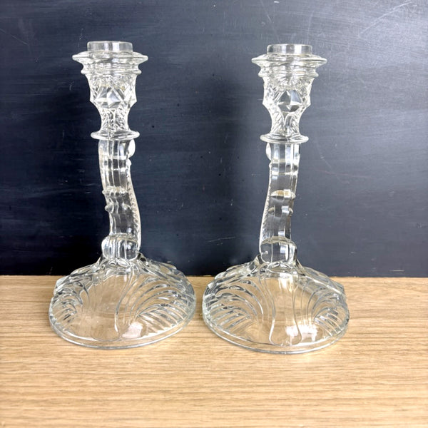 Indiana Glass Depression Glass Candlesticks – Swirl & Fan #303 Pattern, Clear 8.5" - NextStage Vintage