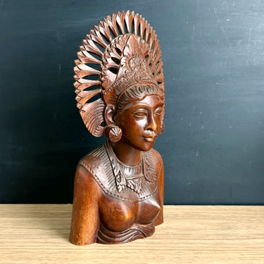 Hand Carved Balinese Female Bust Vintage Wood Sculpture Signed MD Panti Bali 10"