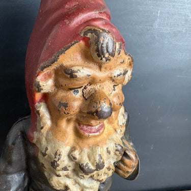 Antique Cast Iron Garden Gnome Doorstop Original Paint 11" 6 lbs Folk Art