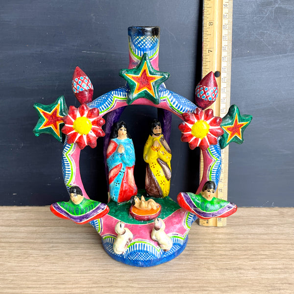 Mexican clay Tree of Life Nativity candelabra - colorful vintage Christmas folk art