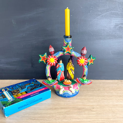 Mexican clay Tree of Life Nativity candelabra - colorful vintage Christmas folk art