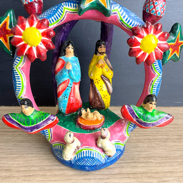 Mexican clay Tree of Life Nativity candelabra - colorful vintage Christmas folk art