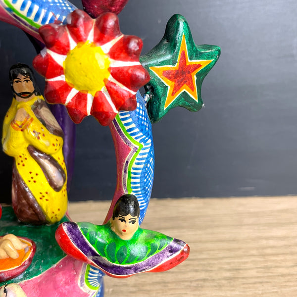 Mexican clay Tree of Life Nativity candelabra - colorful vintage Christmas folk art