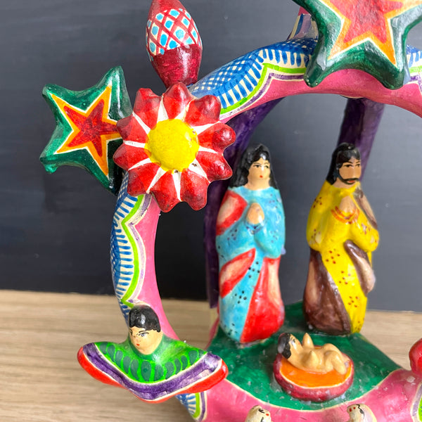 Mexican clay Tree of Life Nativity candelabra - colorful vintage Christmas folk art