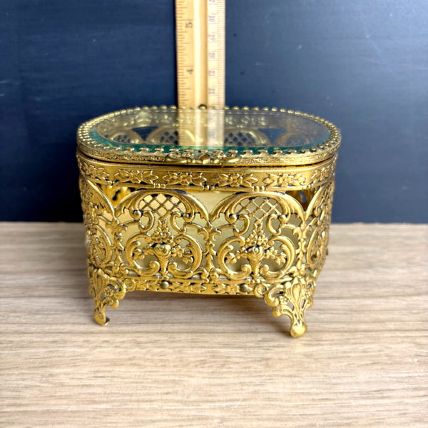 Vintage romantic ormolu brass trinket box — hinged glass lid, gold velvet interior - NextStage Vintage