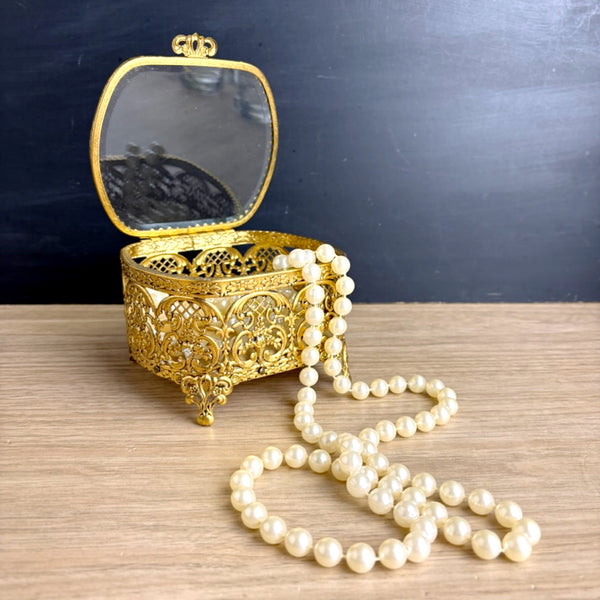 Vintage romantic ormolu brass trinket box — hinged glass lid, gold velvet interior - NextStage Vintage