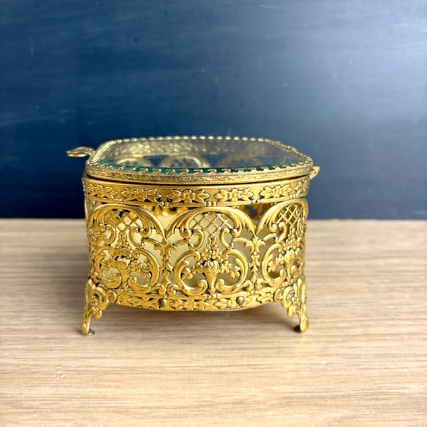 Vintage romantic ormolu brass trinket box — hinged glass lid, gold velvet interior - NextStage Vintage