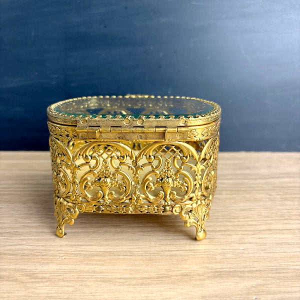 Vintage romantic ormolu brass trinket box — hinged glass lid, gold velvet interior - NextStage Vintage