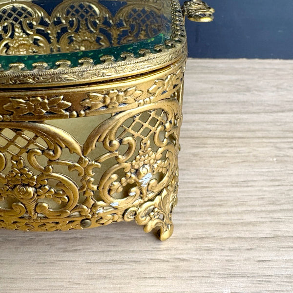 Vintage romantic ormolu brass trinket box — hinged glass lid, gold velvet interior - NextStage Vintage