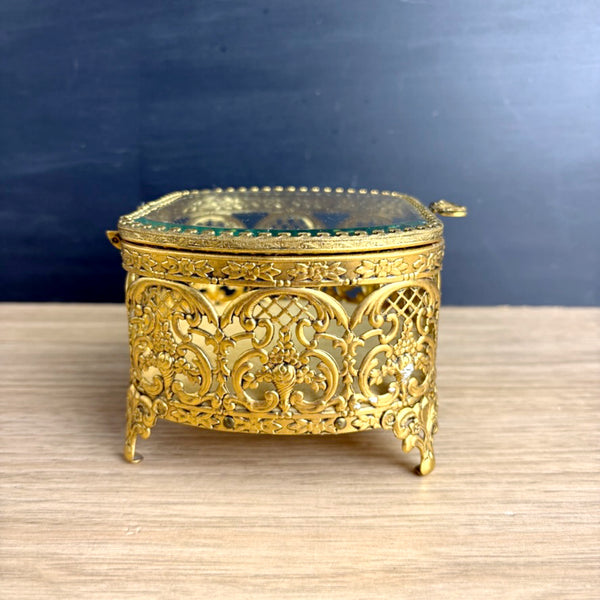 Vintage romantic ormolu brass trinket box — hinged glass lid, gold velvet interior - NextStage Vintage
