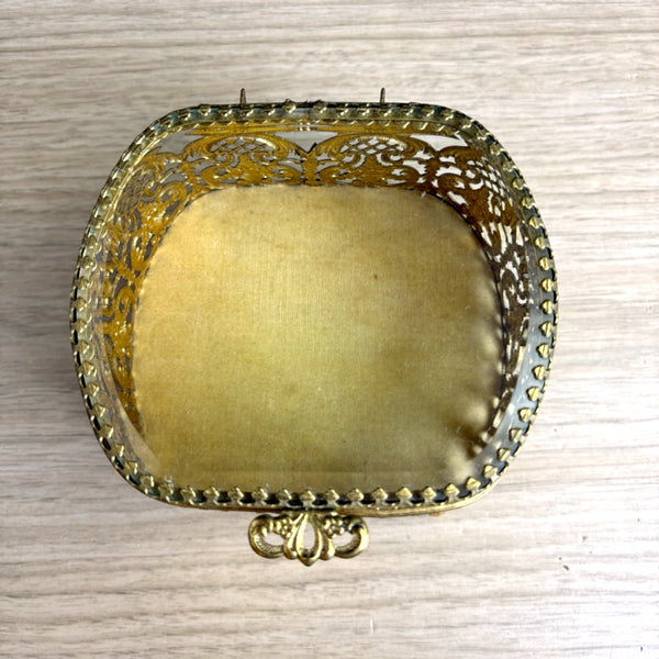 Vintage romantic ormolu brass trinket box — hinged glass lid, gold velvet interior - NextStage Vintage
