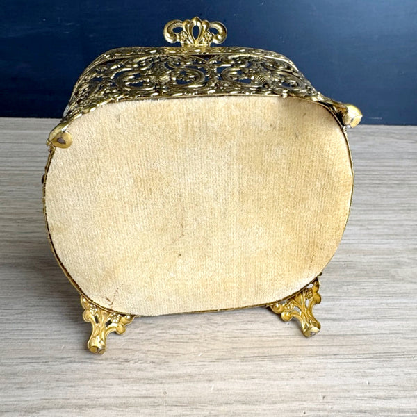 Vintage romantic ormolu brass trinket box — hinged glass lid, gold velvet interior - NextStage Vintage