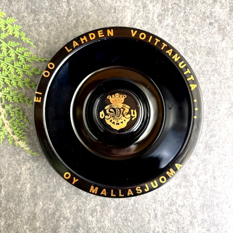Vintage 70s Oy Mallasjuoma Brewery souvenir ashtray – Lahti Finland - black glass with gold lettering - NextStage Vintage