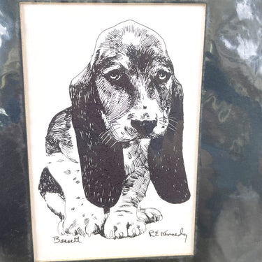Small basset pen and ink print from R.E. Kennedy - 1970s accent art - NextStage Vintage