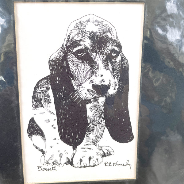 Small basset pen and ink print from R.E. Kennedy - 1970s accent art