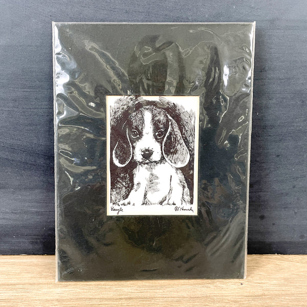 Small beagle pen and ink print from R.E. Kennedy - 1970s accent art