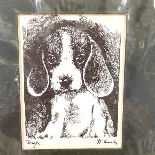 Small beagle pen and ink print from R.E. Kennedy - 1970s accent art