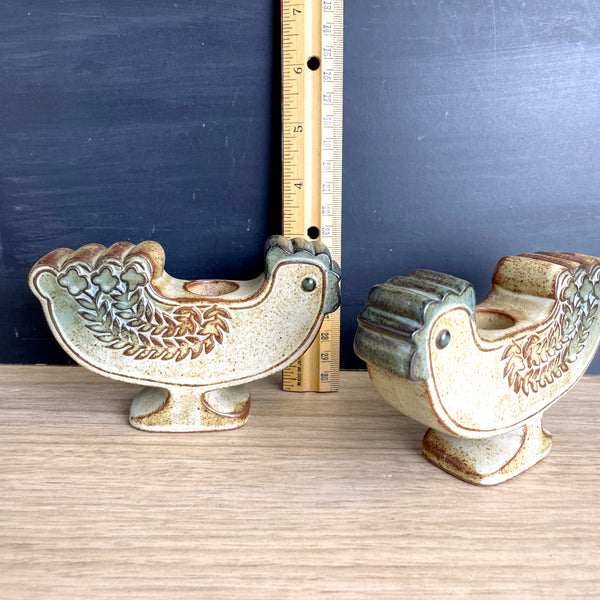 UCTCI Japan chicken candleholder pair - 1970s stoneware