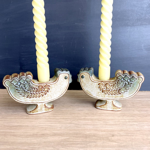 UCTCI Japan chicken candleholder pair - 1970s stoneware