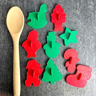 9 vintage Wilton imprint Christmas cookie cutters – red & green plastic - 1992 - NextStage Vintage