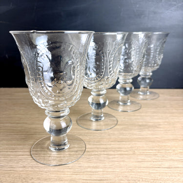 Zrike Renaissance clear water goblets - set of 4 - raised fleur-de-lis pattern - NextStage Vintage