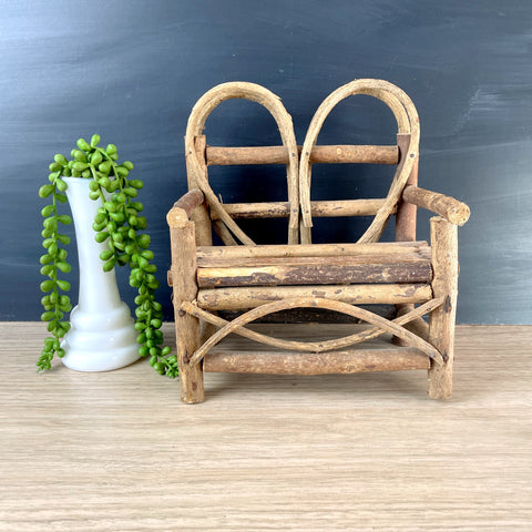Miniature Adirondack-style twig sweetheart bench - vintage decor