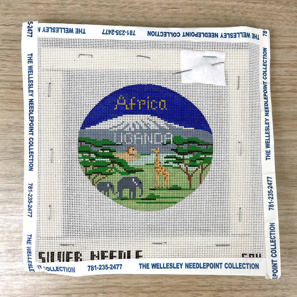 Silver Needle Africa/Uganda travel round handpainted needlepoint canvas - NextStage Vintage