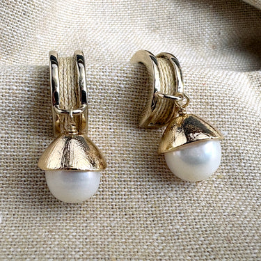 Akola goldtone hoop with raffia and pearl huggie C-hoop earrings - NextStage Vintage