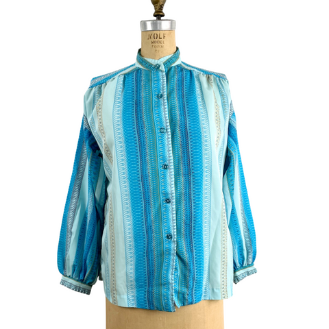1980s vintage Alex Colman aqua blue spiral striped print power blouse - size L - NextStage Vintage