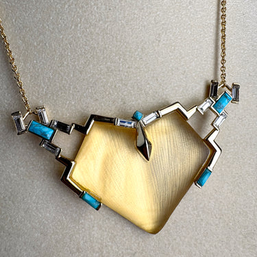Alexis Bittar champagne lucite and turquoise colored stone and crystal pendant necklace - NextStage Vintage