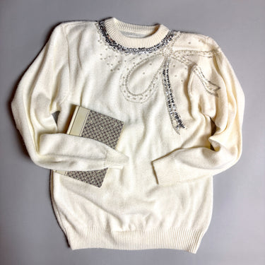 90s cream white sweater with beads, pearls and sequins  - size medium - NextStage Vintage