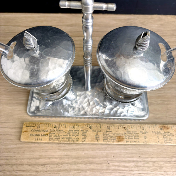 Hammered aluminum and glass condiment set - vintage serving set