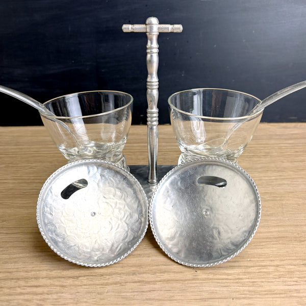 Hammered aluminum and glass condiment set - vintage serving set
