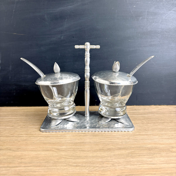 Hammered aluminum and glass condiment set - vintage serving set