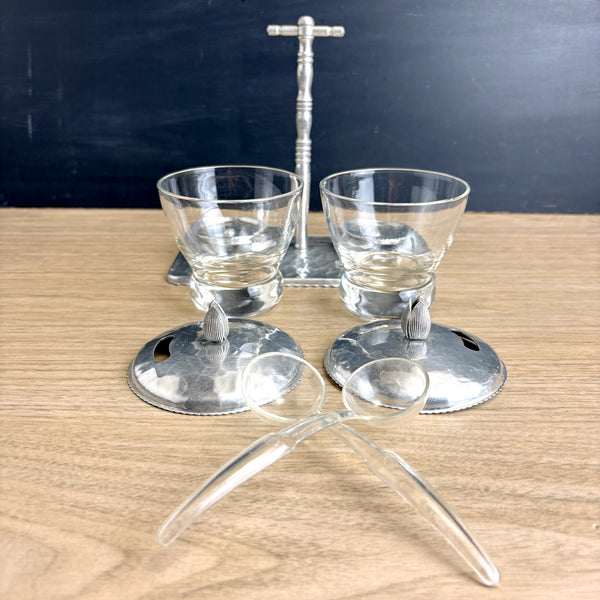 Hammered aluminum and glass condiment set - vintage serving set