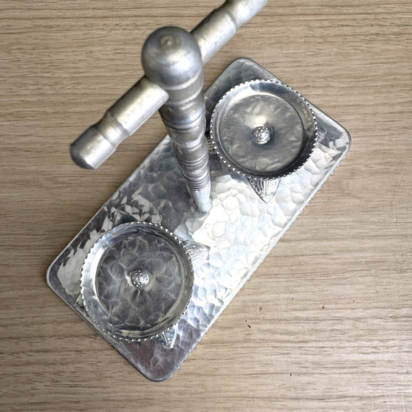 Hammered aluminum and glass condiment set - vintage serving set
